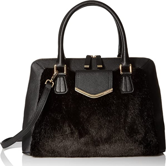 Calvin Klein My Corner Saffiano Faux Fur Satchel Black  $278  NEW & Authentic - Picture 1 of 10